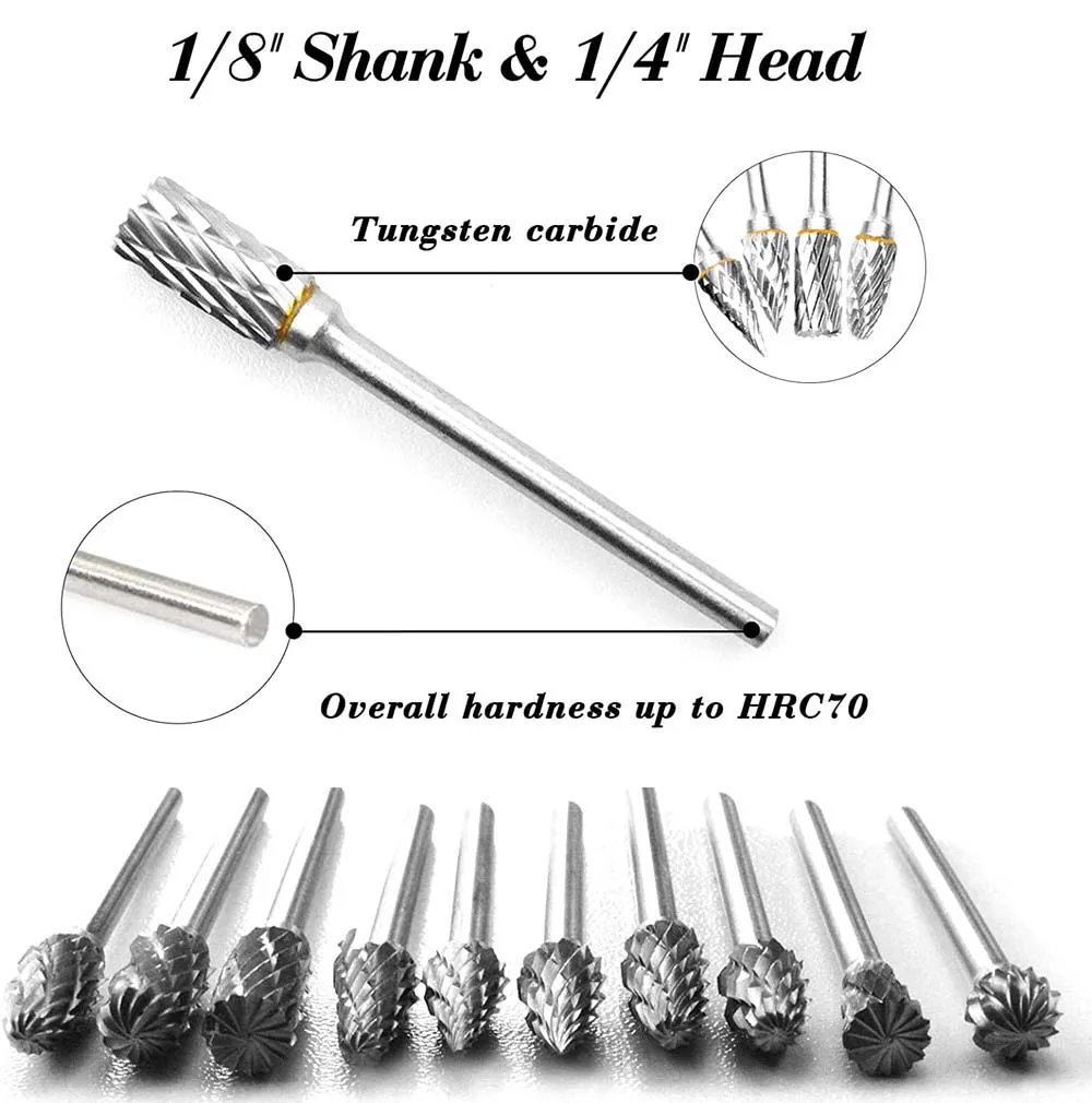New 10 pcs 1/8" Shank Tungsten Carbide Milling Cutter Rotary Tool Burr Double Diamond Cut Rotary Dremel Tools Electric Grinding - Image 3