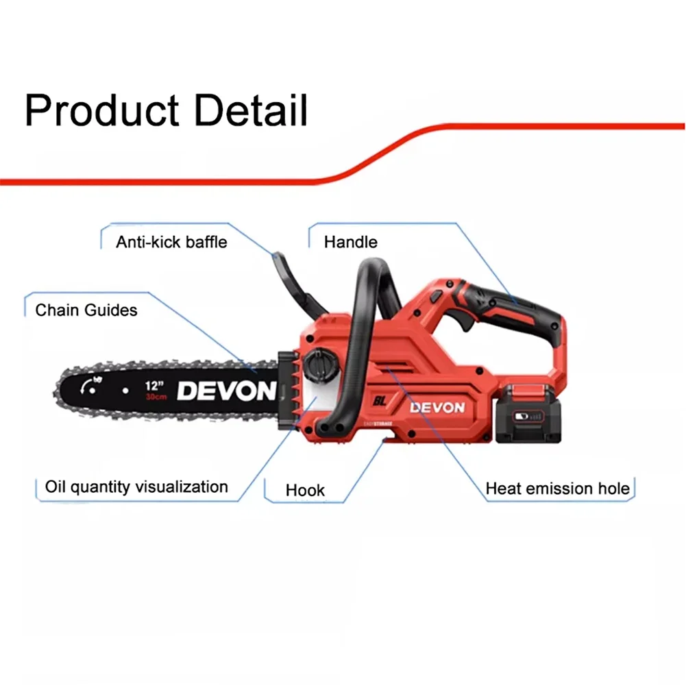 Devon Wireless Chain Saw Brushless Motor for Wood Cutting 4557 20v 7.9m/s Auto Filling Oil 200ml Share Flex Battery - Image 2